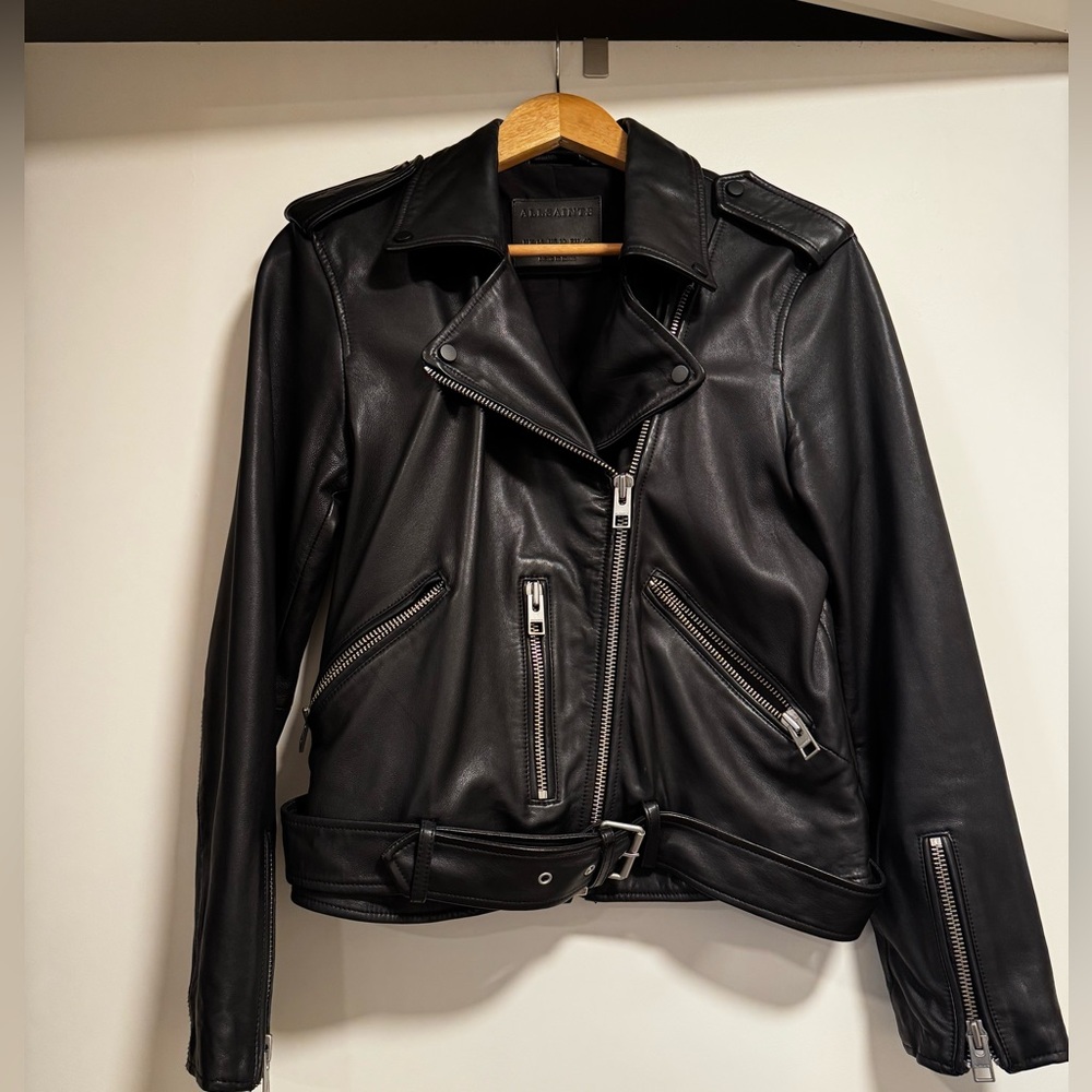 AllSaints Black Leather Biker Jacket with Silver Hardware
